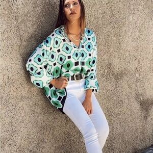 ZARA pj style blouse shirt top XL new silky light vacation cruise party